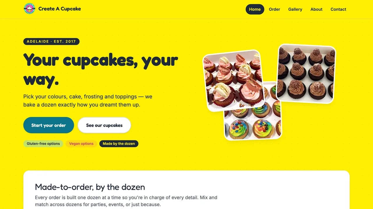 The Create A Cupcake homepage: a yellow page with photos of cupcakes and a Start your order button