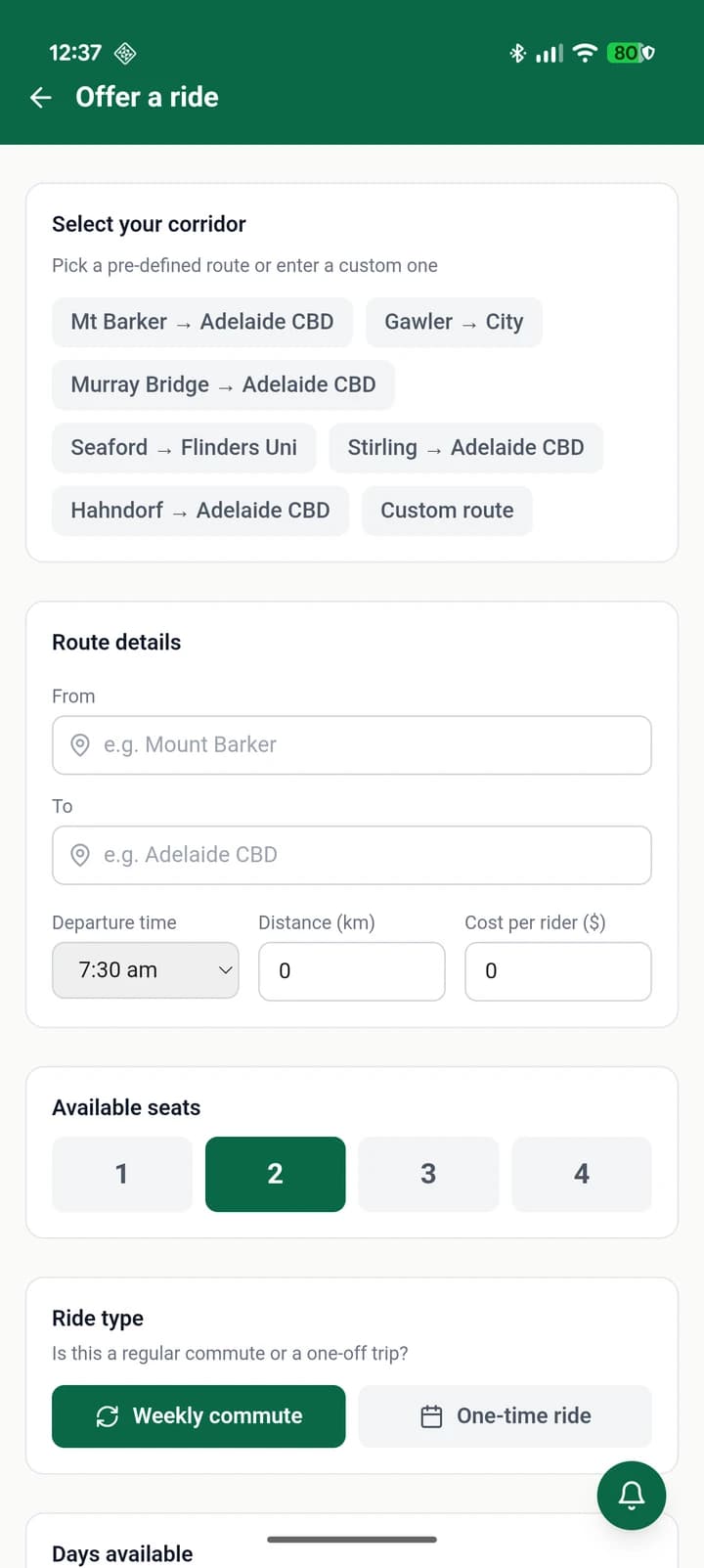 EcoCommute SA offering a ride on Android: pick a corridor or a custom route