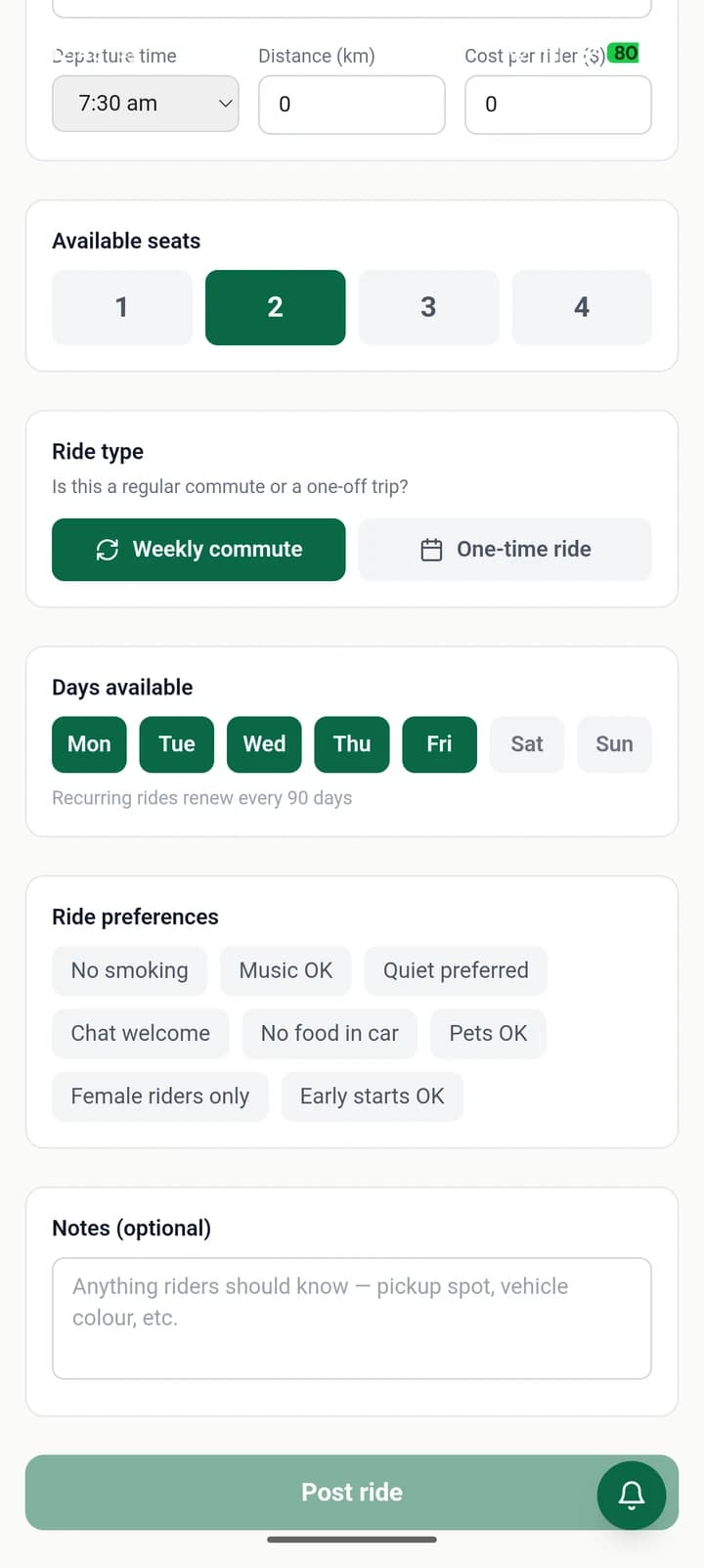 EcoCommute SA ride preferences and posting a ride on Android